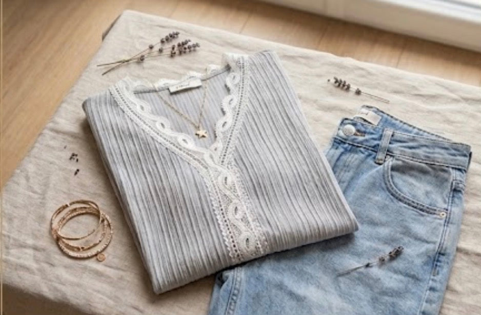 ✨ Blouse d’Été Élégante – Col en V & Détails Dentelle Patchwork ✨Taille (S)